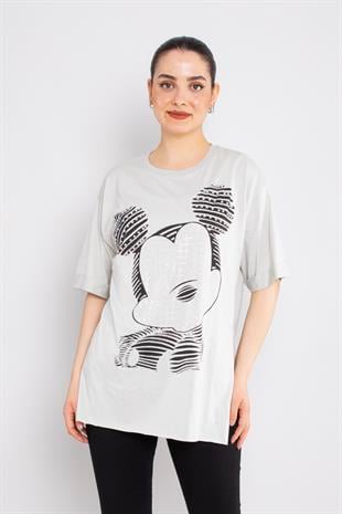 4680 Taşlı Yırtmaçlı Micky Bisiklet Yaka Pamuklu Tshirt
