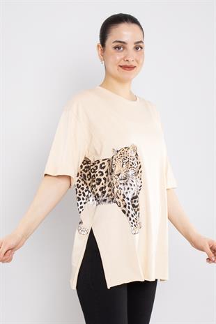 4682 Ön Arka Leopar Taş Baskılı Pamuklı Tshirt