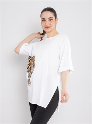 4682 Ön Arka Leopar Taş Baskılı Pamuklı Tshirt