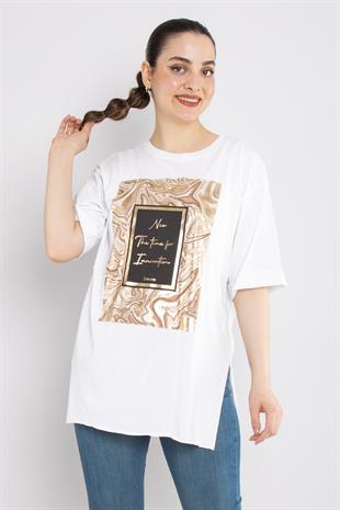 4689 Varaklı Pano Zigzag Yaldızlı Yanı Yırtmaçlı Kısa Kol Tshirt
