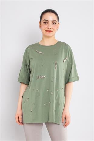 4712 (7711) Çengelli İğne Taşlı Bisiklet Yaka Pamuk Tshirt