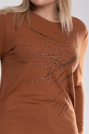 5026 Büyük Beden Taş Detay Leopar Desenli Viscon Kadın Bluz