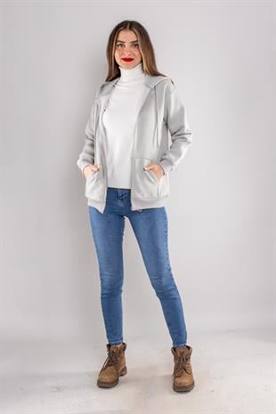 5028 Kapüşonlu Fermuarlı Kanguru Cep Sweat Hırka