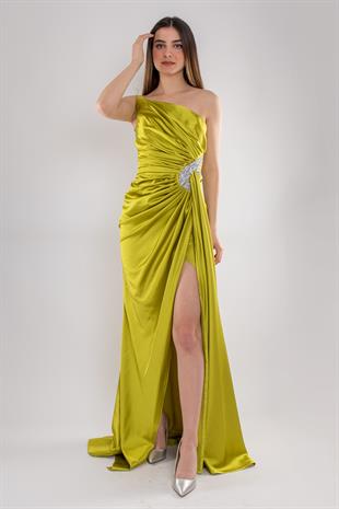 5029 Tek Omuz Beli Drape Taş Detay Uzun Saten Elbise