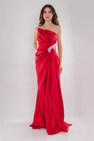 5029 Tek Omuz Beli Drape Taş Detay Uzun Saten Elbise