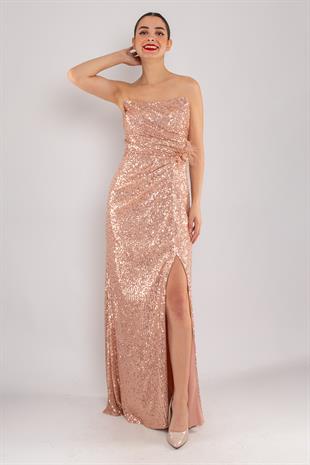 503 Pulpayet Straplez Uzun Yanı Drape Yırtmaçlı Elbise
