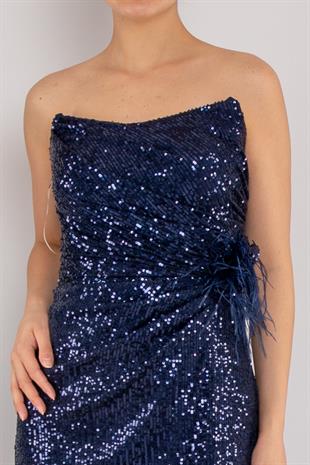 503 Pulpayet Straplez Uzun Yanı Drape Yırtmaçlı Elbise