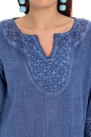 503 Yakası Eteği Kol Ucu Fistolu Batik Keten Bluz