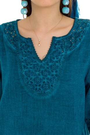 503 Yakası Eteği Kol Ucu Fistolu Batik Keten Bluz