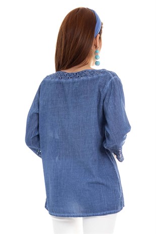 503 Yakası Eteği Kol Ucu Fistolu Batik Keten Bluz