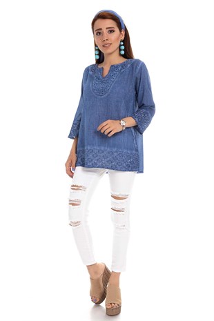 503 Yakası Eteği Kol Ucu Fistolu Batik Keten Bluz