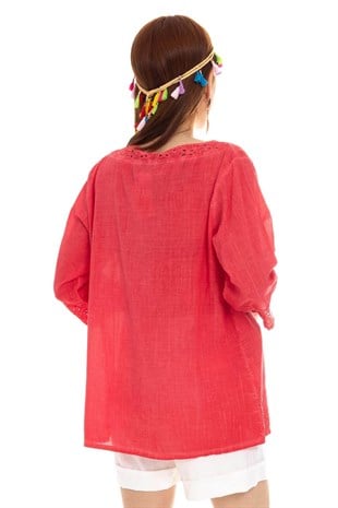 503 Yakası Eteği Kol Ucu Fistolu Batik Keten Bluz