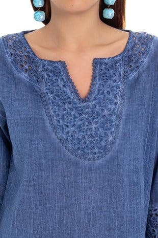 503 Yakası Eteği Kol Ucu Fistolu Batik Keten Bluz