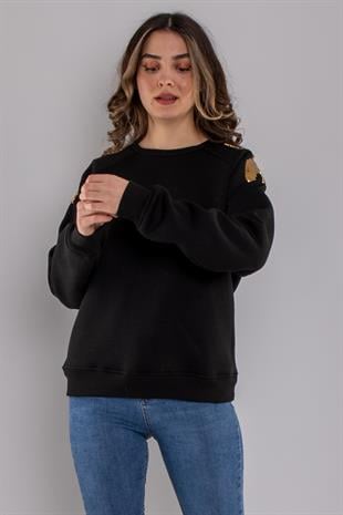 5032 Omuz Payet ve Taş Detay Bisiklet Yaka Şardonlu Sweatshirt