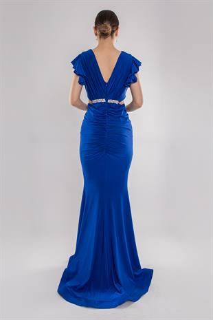 5047 Likralı Kristal Buzi Beli Taşlı Eteği Drape Uzun Elbise