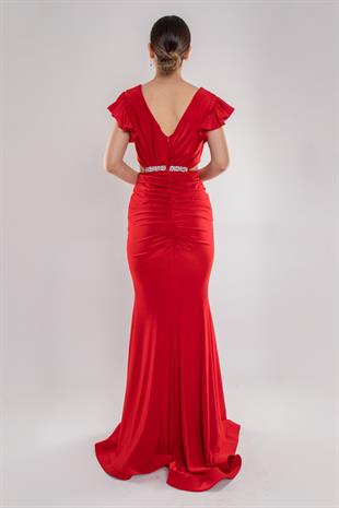 5047 Likralı Kristal Buzi Beli Taşlı Eteği Drape Uzun Elbise