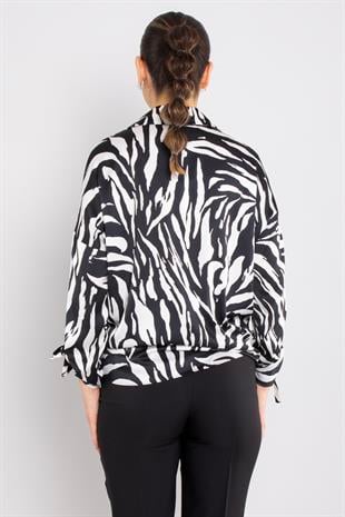 50630-4 Leopar Desen Kol Ucu Beli Bağcıklı Saten Bluz
