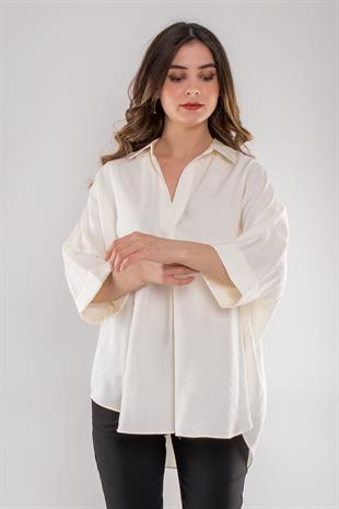 50697 Oversize Truvakar Kol V Yaka Modal Kadın Gömlek