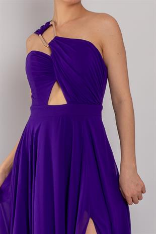 5073 Omuz Tokalı Helen Model Şifon Uzun Elbise