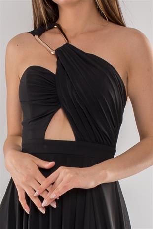5073 Omuz Tokalı Helen Model Şifon Uzun Elbise