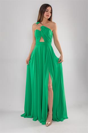 5073 Omuz Tokalı Helen Model Şifon Uzun Elbise