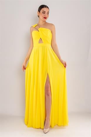 5073 Omuz Tokalı Helen Model Şifon Uzun Elbise
