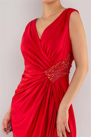 510 Kruvaze Yaka Beli Drape Boncuklu Kristal Buzi Uzun Elbise