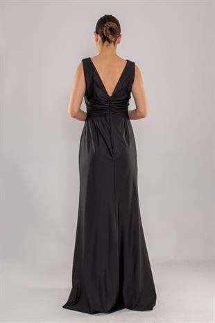 510 Kruvaze Yaka Beli Drape Boncuklu Kristal Buzi Uzun Elbise