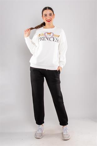 5113 Taşlı Prenses Bisiklet Yaka İçi Şardonlu Sweatshirt