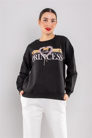 5113 Taşlı Prenses Bisiklet Yaka İçi Şardonlu Sweatshirt