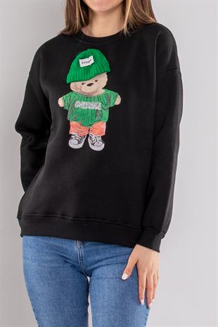 5138 Triko Şapkalı Ayıcık Baskı içi Şardonlu Sweat