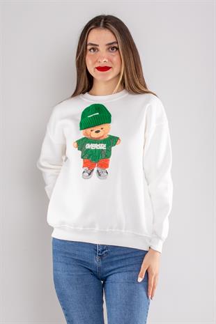5138 Triko Şapkalı Ayıcık Baskı içi Şardonlu Sweat