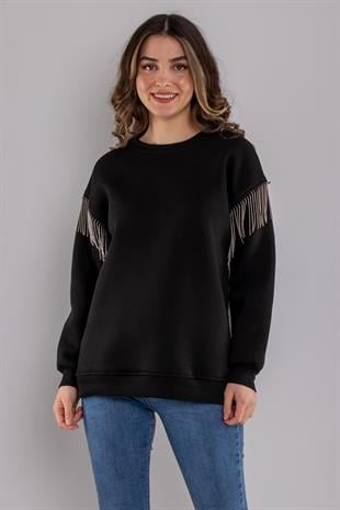 5164 Yanları Zincir Detay Bisiklet Yaka Şardonlu Sweatshirt