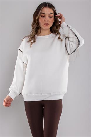 5164 Yanları Zincir Detay Bisiklet Yaka Şardonlu Sweatshirt