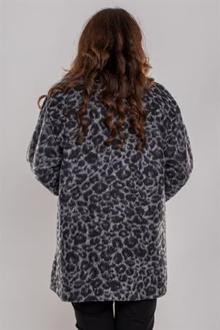6068 Büyük Beden Leopar Desen Düğmeli Kaşe Kaban