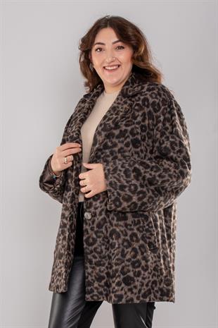 6068 Büyük Beden Leopar Desen Düğmeli Kaşe Kaban