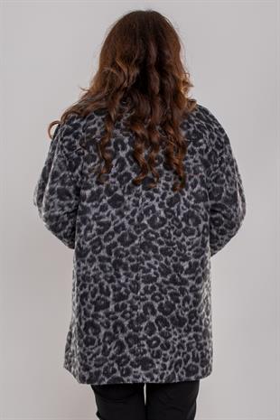 6068 Büyük Beden Leopar Desen Düğmeli Kaşe Kaban
