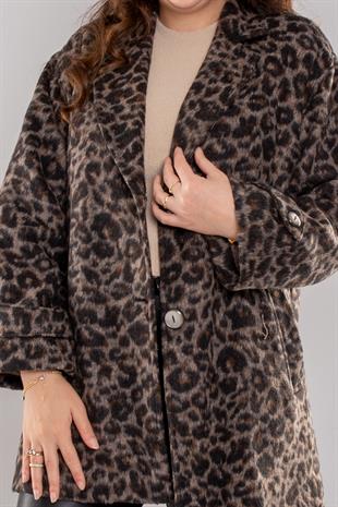 6068 Büyük Beden Leopar Desen Düğmeli Kaşe Kaban