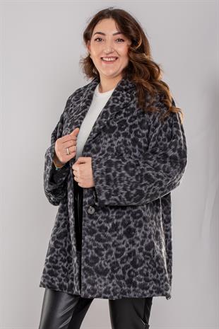6068 Büyük Beden Leopar Desen Düğmeli Kaşe Kaban