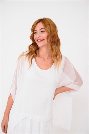 6105 Bluz Detay Kat Kat Uzun İpek Elbise