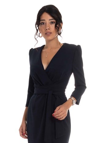 61246 KRUV.YAKA BAĞLAMALI KREP ELBİSE