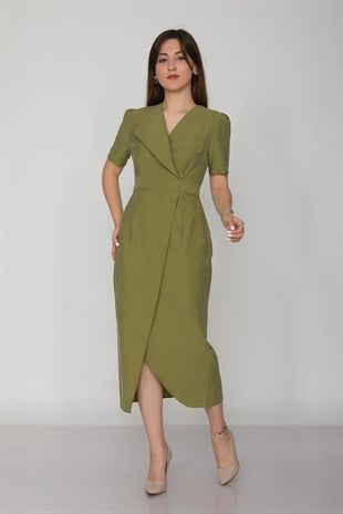 61621 Kruvaze Yaka Kuşaklı Yırtmaçlı Tencel Keten Kısa Kol Elbise