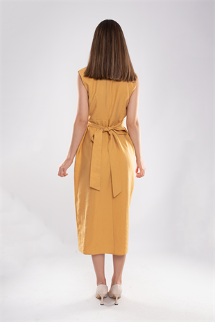 61764 Kruvaze Yaka Kuşaklı Midiboy Tencel Elbise