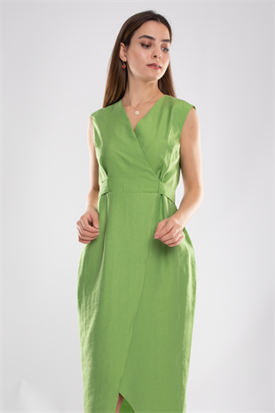 61764 Kruvaze Yaka Kuşaklı Midiboy Tencel Elbise