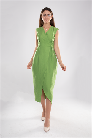 61764 Kruvaze Yaka Kuşaklı Midiboy Tencel Elbise
