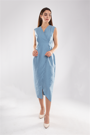 61764 Kruvaze Yaka Kuşaklı Midiboy Tencel Elbise