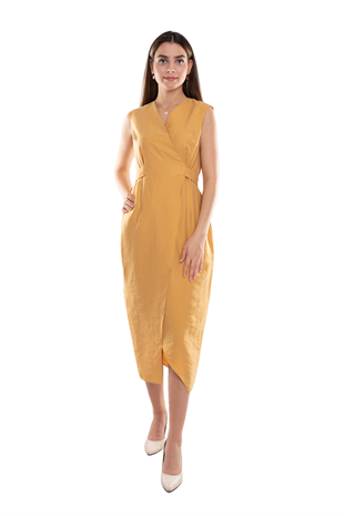 61764 Kruvaze Yaka Kuşaklı Midiboy Tencel Elbise