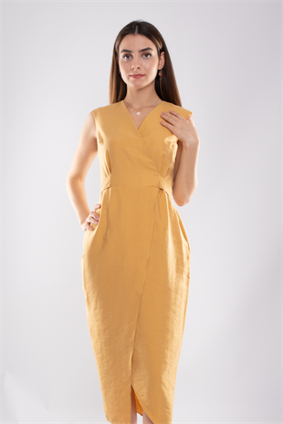 61764 Kruvaze Yaka Kuşaklı Midiboy Tencel Elbise