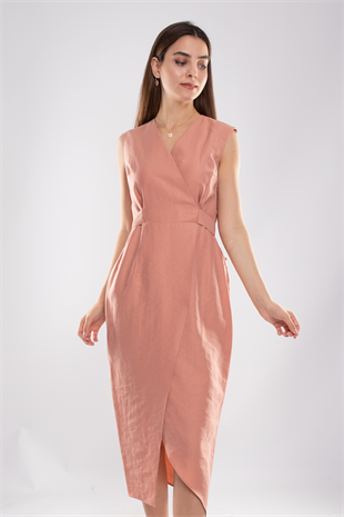 61764 Kruvaze Yaka Kuşaklı Midiboy Tencel Elbise