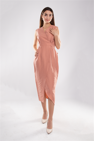 61764 Kruvaze Yaka Kuşaklı Midiboy Tencel Elbise